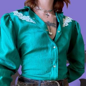 vintage green/teal clasp up balloon sleeved top